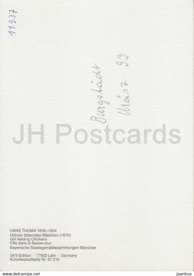 peinture de Hans Thoma - Huhner futterndes Madchen - Fille nourrissant des poulets - Art allemand - Allemagne - utilisé