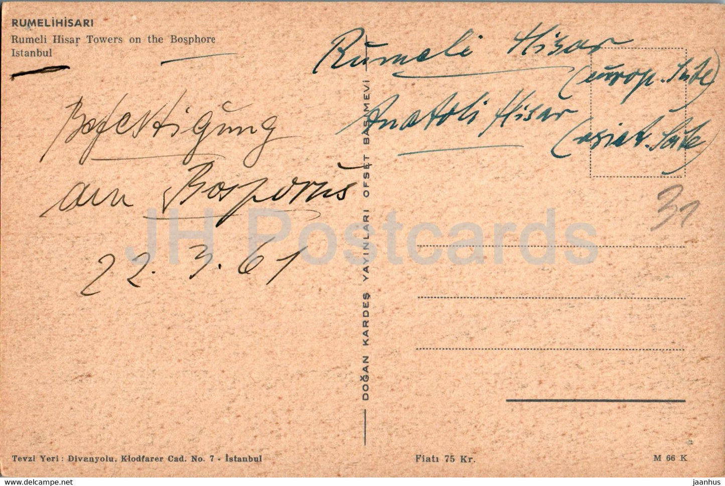 Istanbul - Rumeli Hisar Towers on the Bosphore - old postcard - 1961 - Turkey - used