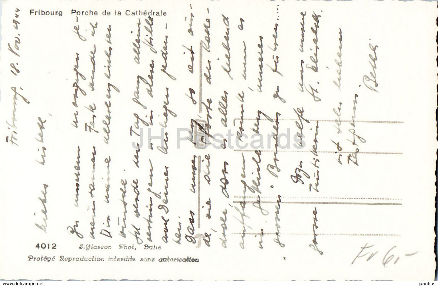 Fribourg - Porche de la Cathédrale - cathédrale - 4012 - carte postale ancienne - 1944 - Suisse - occasion