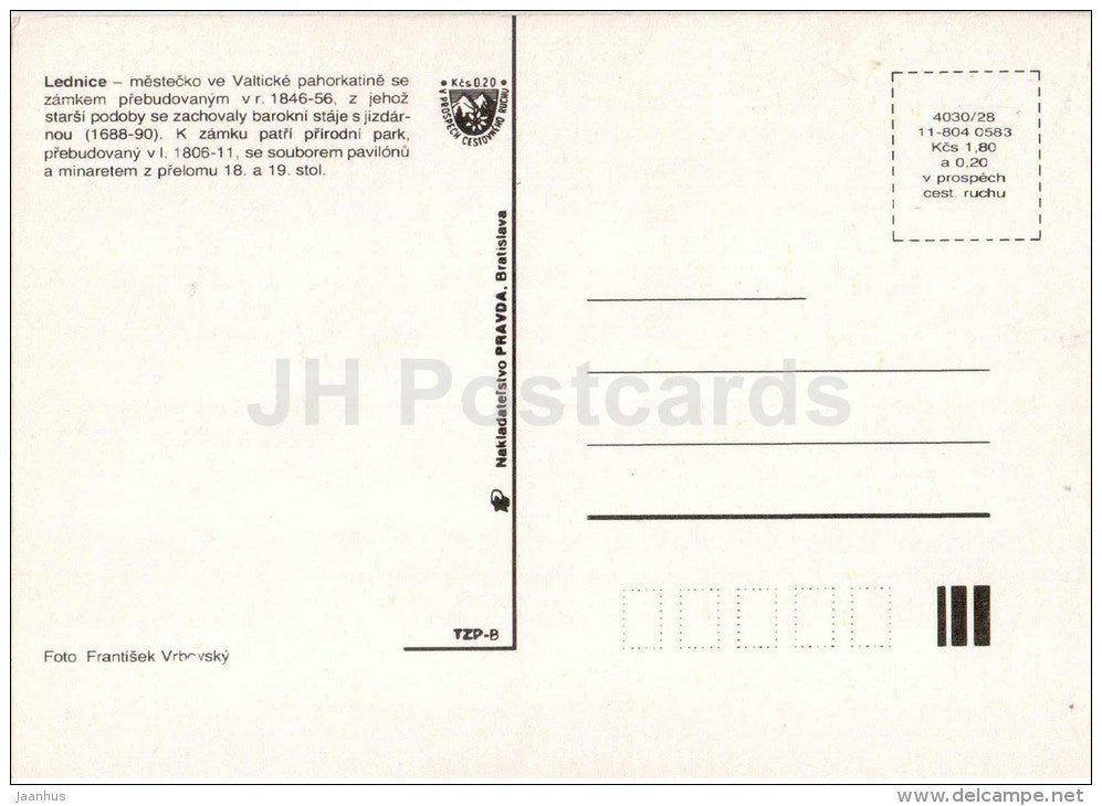 Lednice - castle - minaret - Czechoslovakia - Czech - unused - JH Postcards