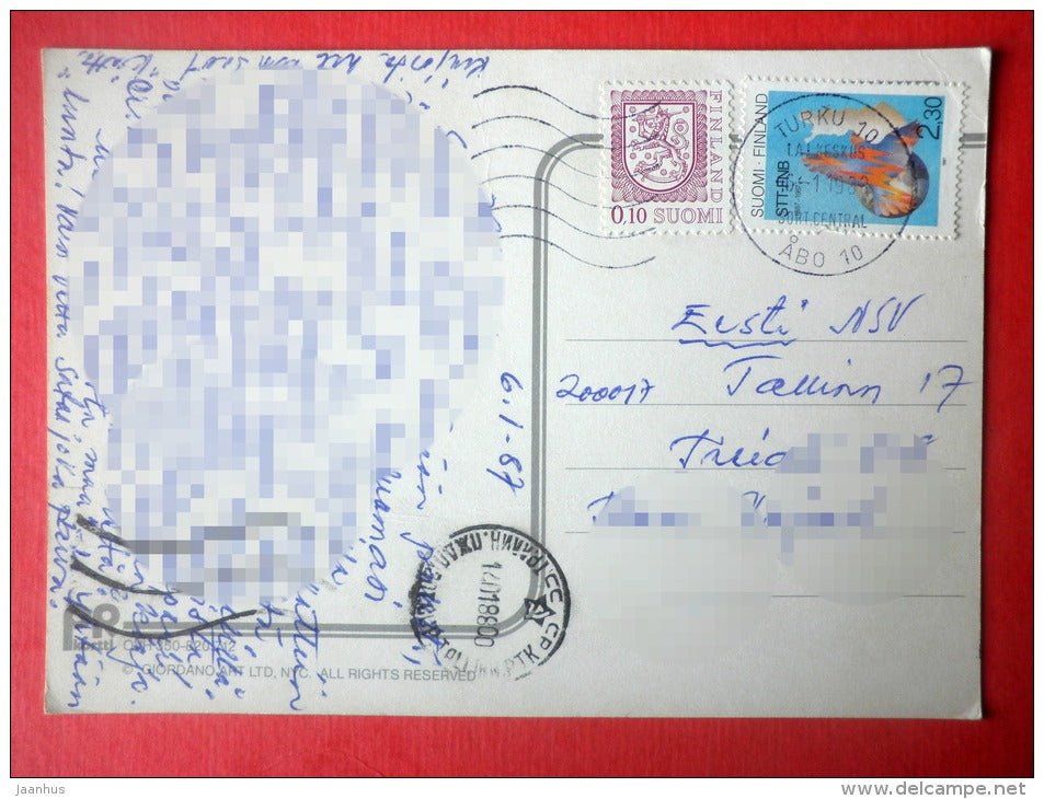 illustration by Giordano - bear sleeping - bed - Finland - sent from Finland Turku to Estonia USSR 1987 - JH Postcards