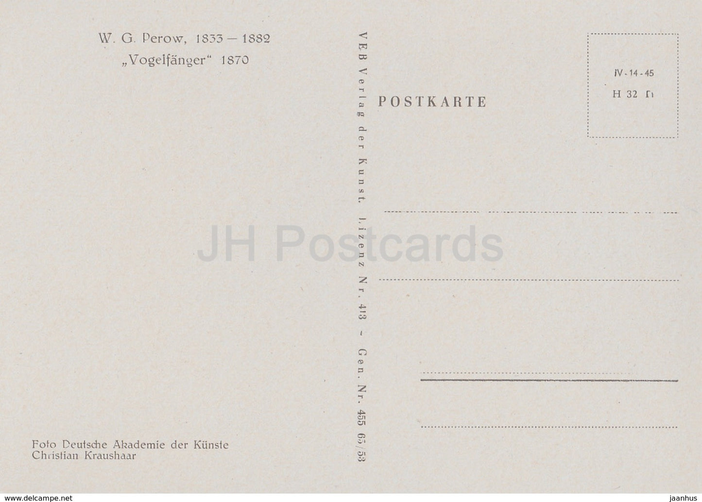 peinture de V. Perov - Attrape-oiseaux - Art russe - 1953 - Allemagne DDR - inutilisé