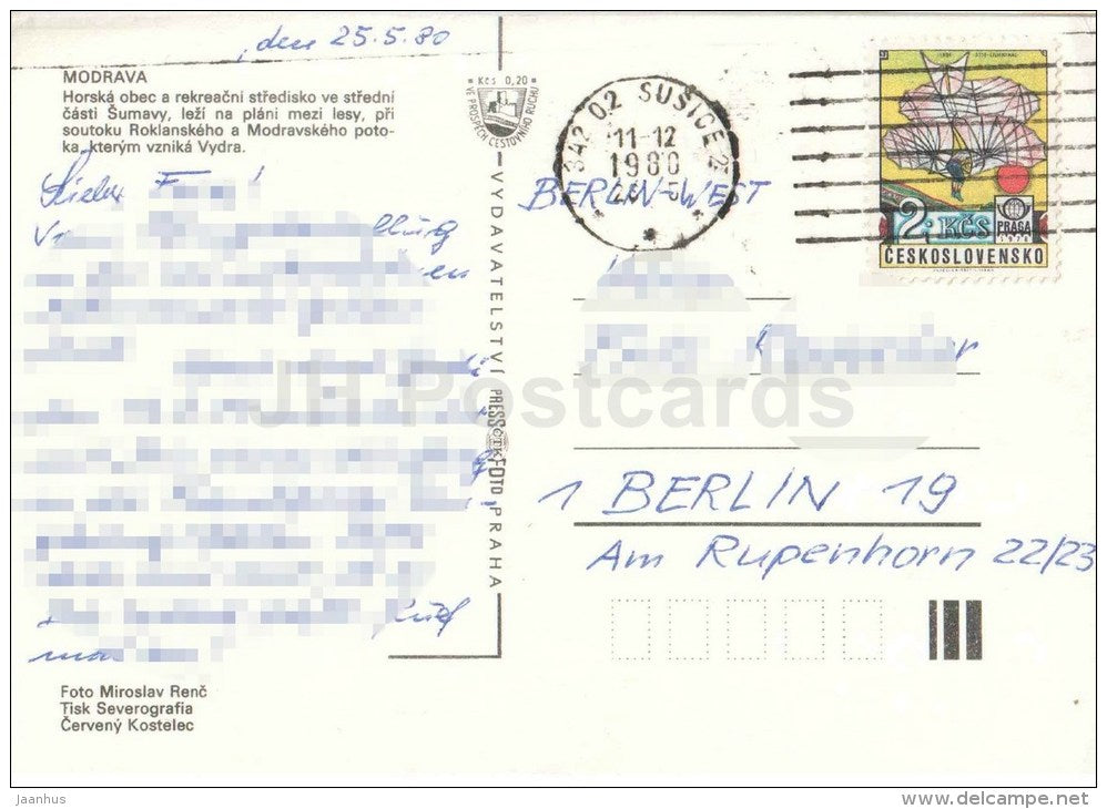 Modrava - village view - cows - Czechoslovakia - Czech - used 1980 - JH Postcards