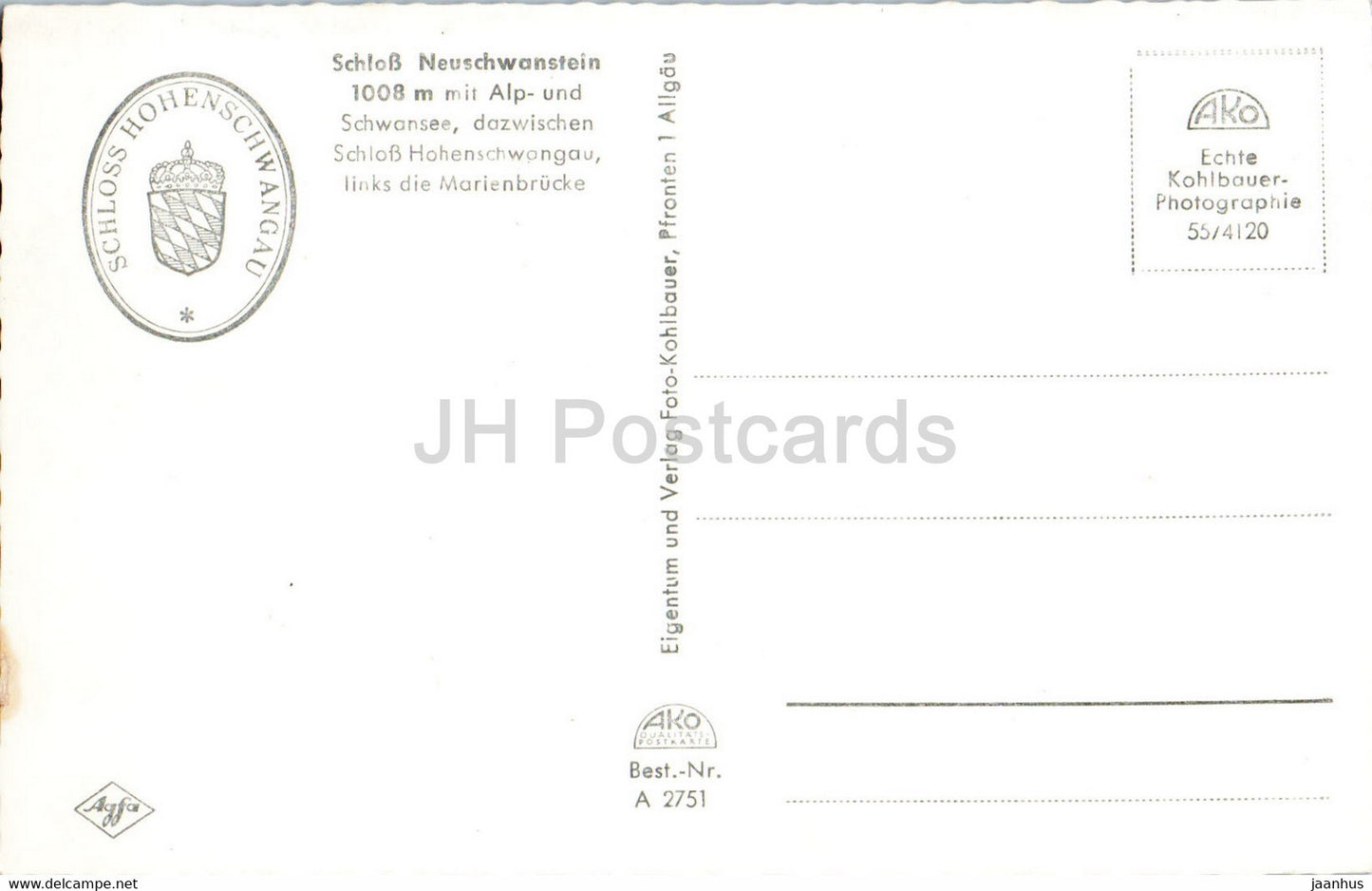Allgau - Schloss Neuschwanstein 1008 m - Marienbrucke - castle - old postcard - Germany - unused