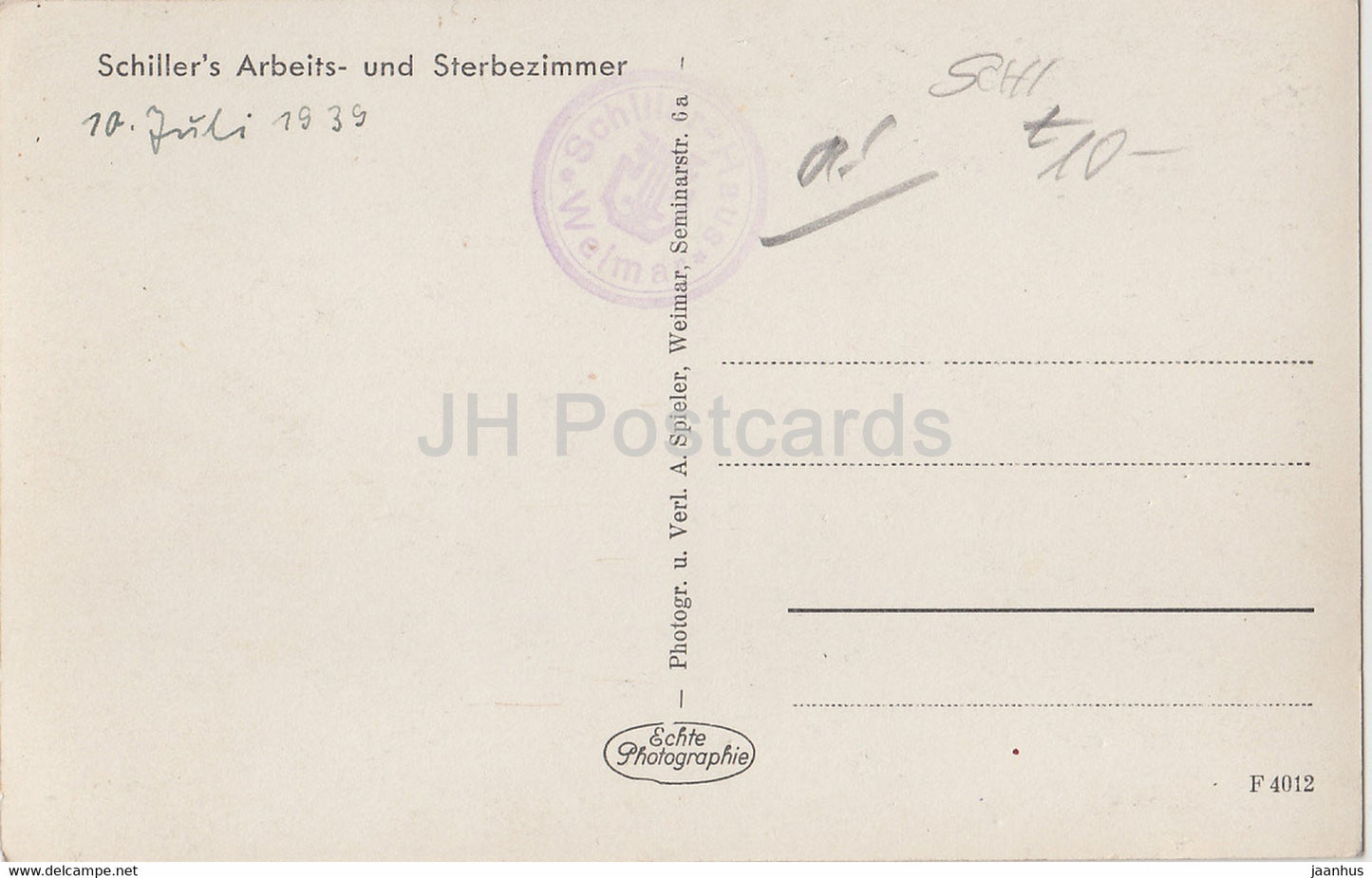 Weimar - Schiller's Arbeits und Sterbezimmer - old postcard - 1939 - Germany - used