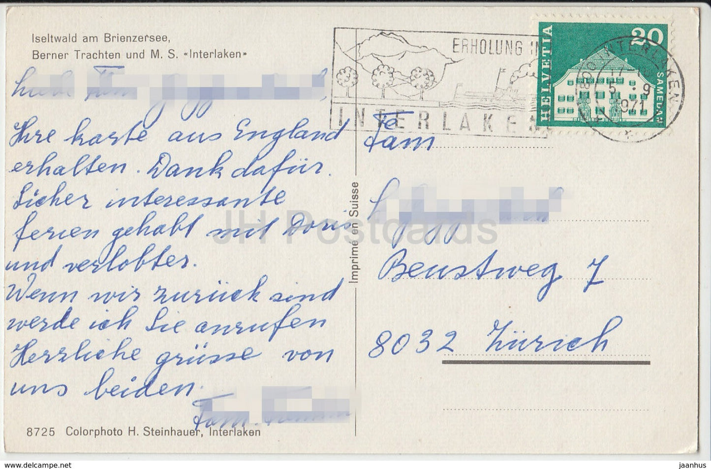 Iseltwald am Brienzersee - Berner Trachten und M. S. Interlaken - ship - folk costumes 8725 - Switzerland - 1971 - used