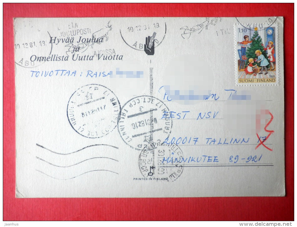 Christmas Greeting Card - dwarf - gifts - bullfinch - Finland - sent from Finland to Estonia USSR 1981 - JH Postcards