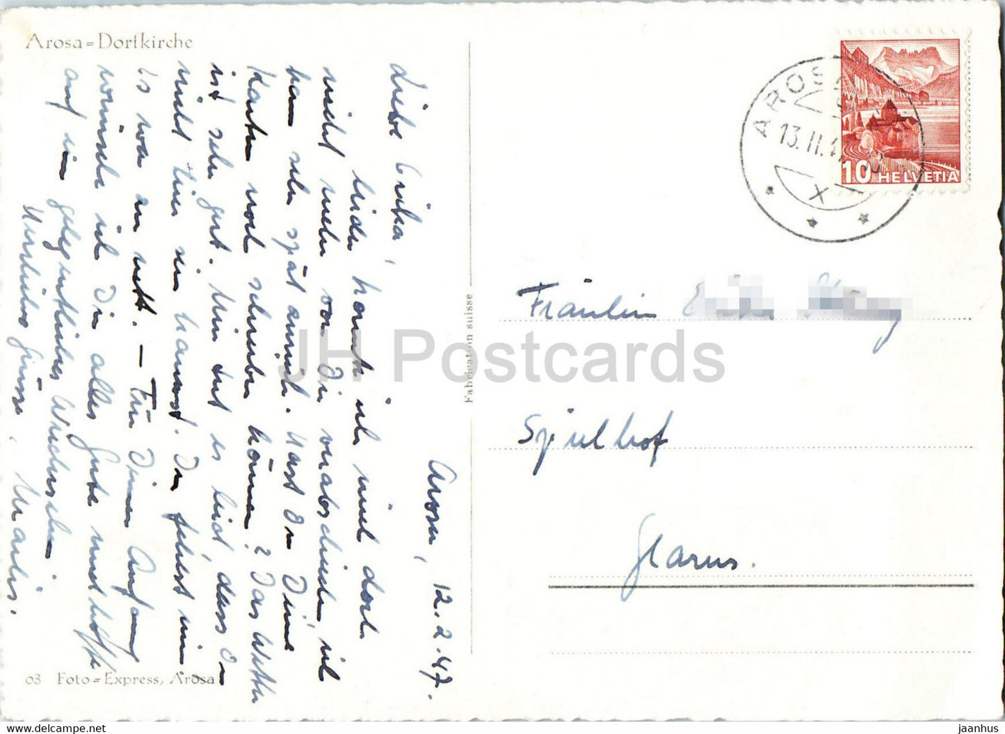 Arosa Dorfkirche - église - 1941 - carte postale ancienne - Suisse - utilisé