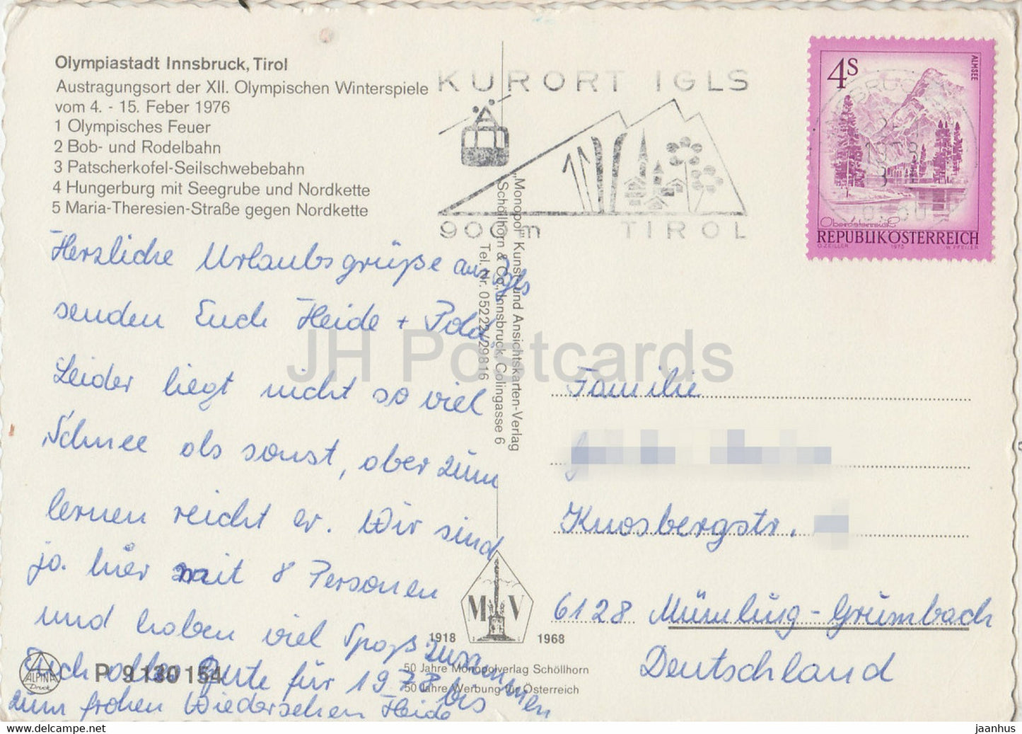 Olympiastadt Innsbruck - Olympisches Feuer - Bob und Rodelbahn - Patscherkofel - Olympic Games - 1978 - Austria - used