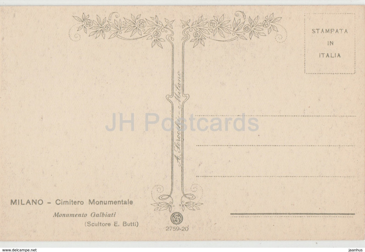 Milano - Milan - Cimitero Monumentale - Monumento Galbiati - cemetery - old postcard - Italy - unused