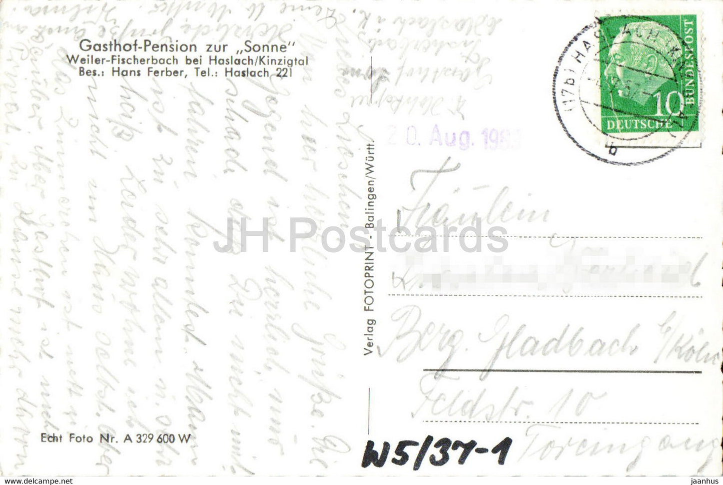 Gasthof Pension zur Sonne - Weiler Fischerbach bei Haslach Kinzigtal - old postcard - 1957 - Germany - used