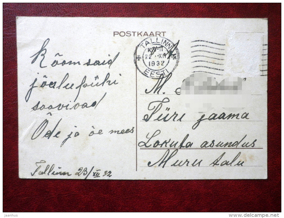 Christmas Greeting Card - christmas bell - village - church - circulated in 1932 - Estonia - used - JH Postcards