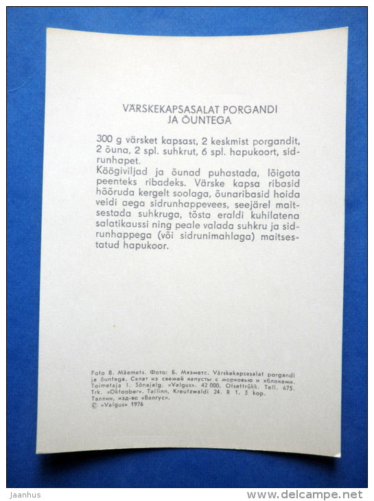 Fresh cabbage salad with carrots and apples - cold dishes - recepies - 1976 - Estonia USSR - unused - JH Postcards
