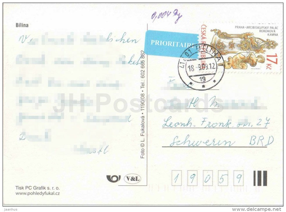 Bilina - Brezanskastreet - school - Kyselka spa - Town Hall - Czech - used 2009 - JH Postcards