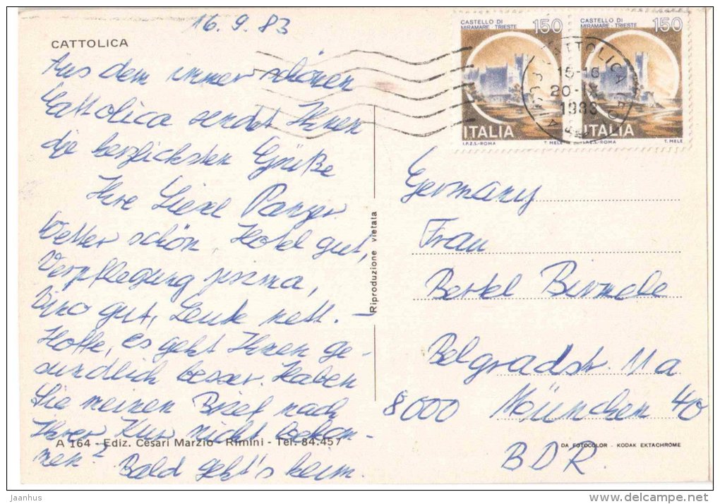 Cattolica Souvenir - Rimini - Emilia-Romagna - A 164 - Italia - Italy - sent from Italy Cattolica to Germany 1983 - JH Postcards