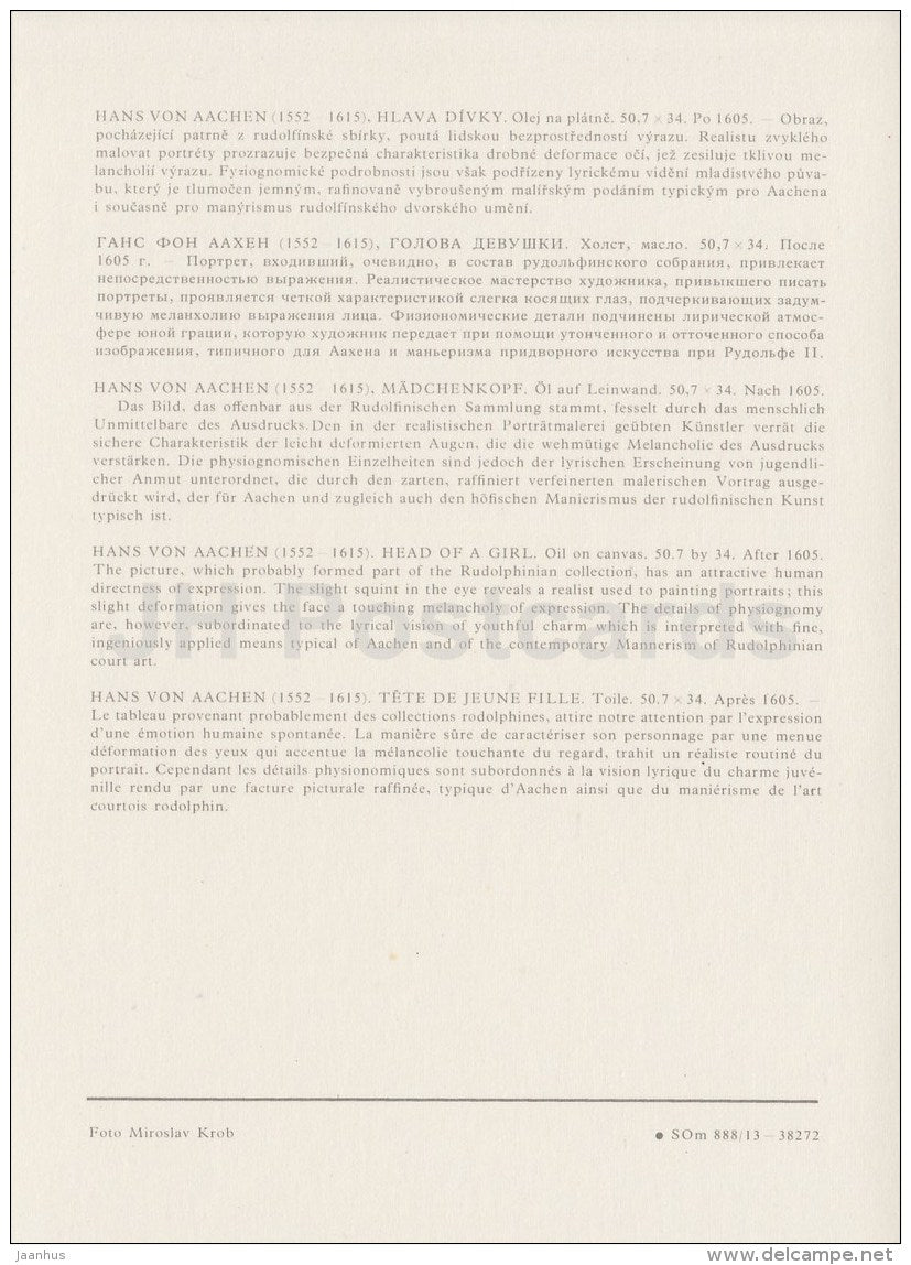 painting by Hans von Aachen - Head of a Girl ,1605 - Italian art - large format card - Czech - unused - JH Postcards