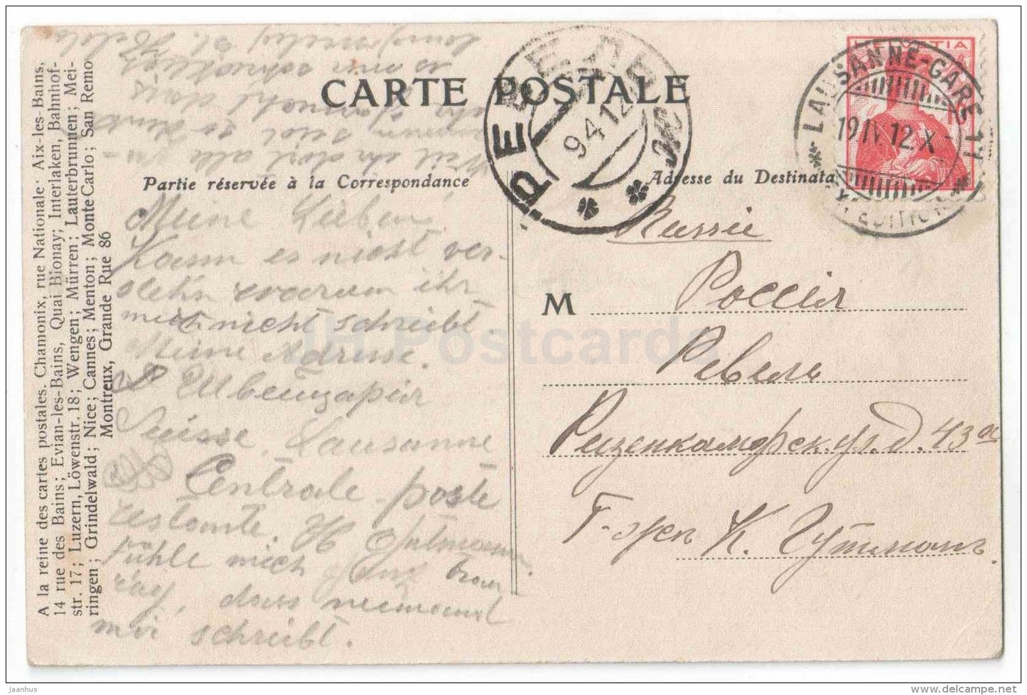 Evian-les-Bains - Rue Nationale - street - France - sent from Switzrland Lauanne to to Estonia Reval 1912 - JH Postcards