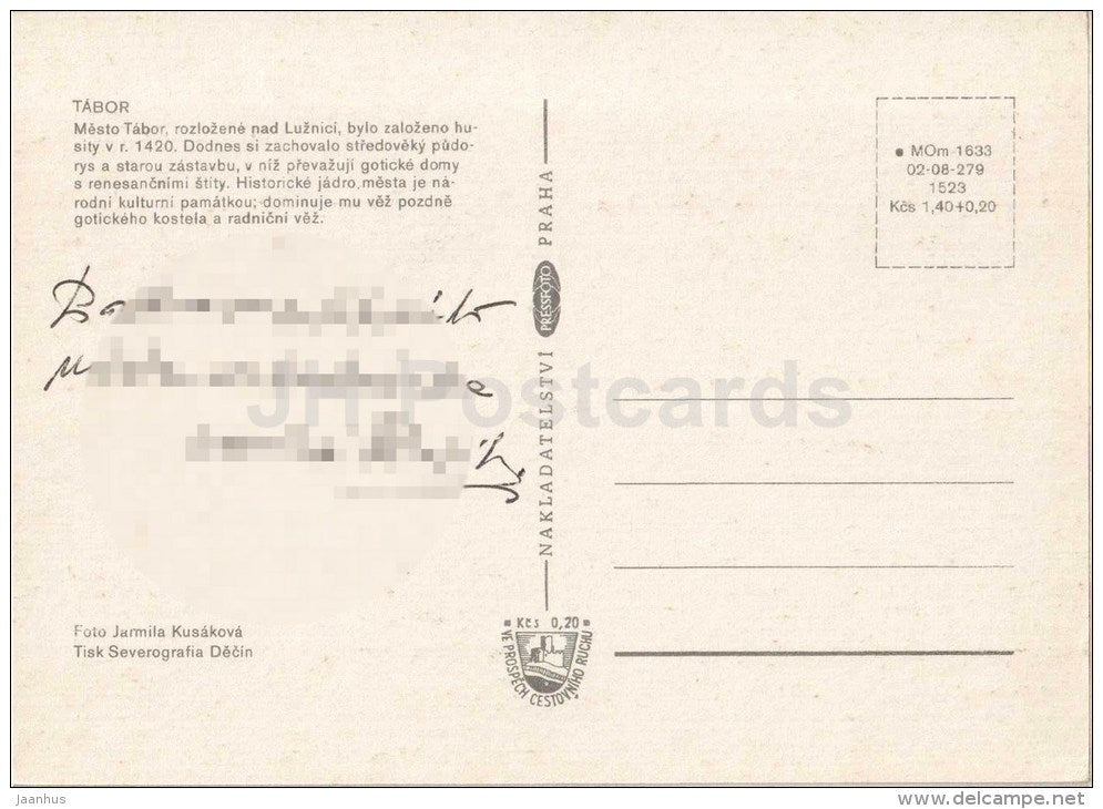 monument - town views - Tabor - Czechoslovakia - Czech - used - JH Postcards