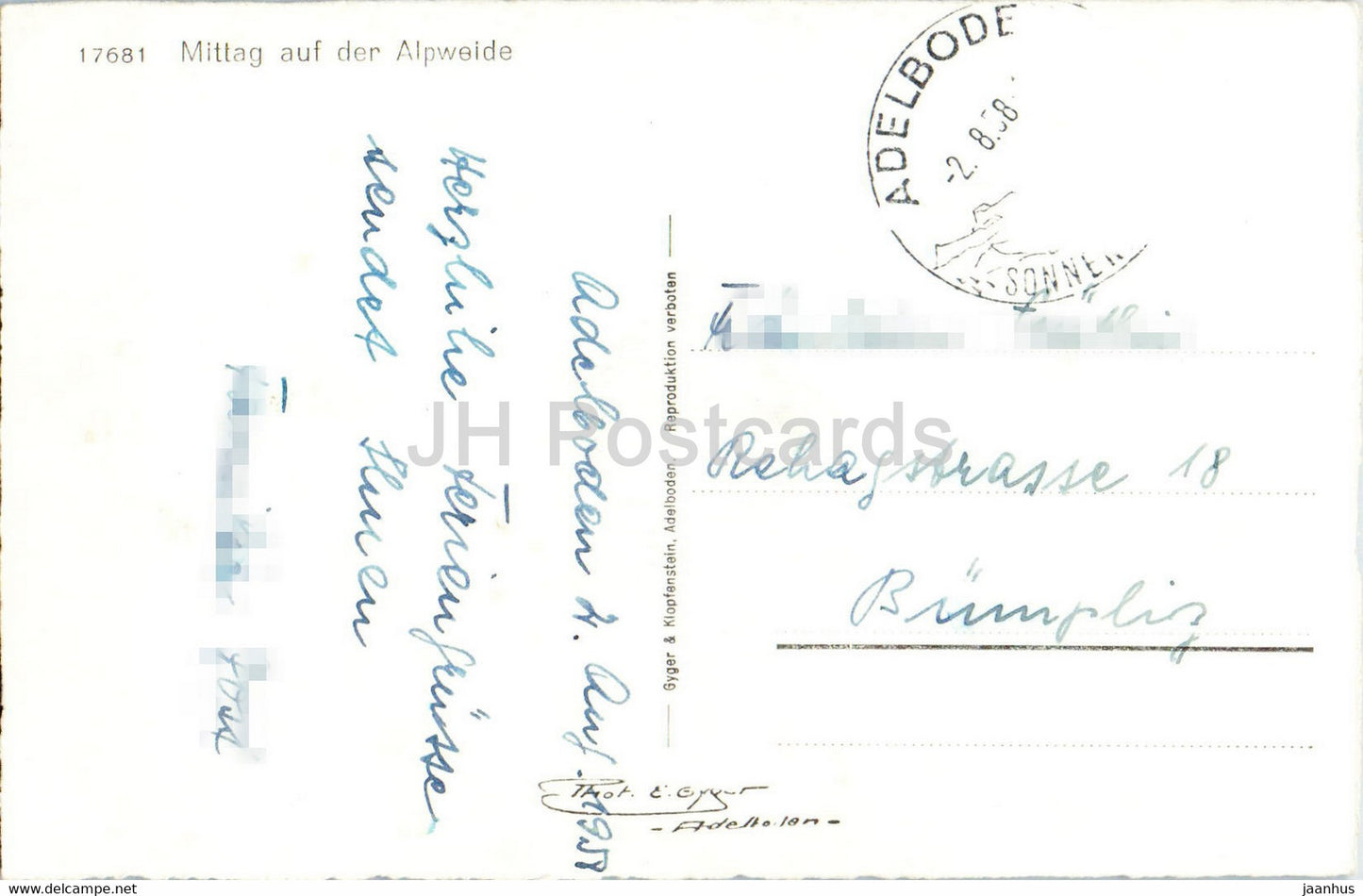 Mittag auf der Alpweide - animals - cow - 17681 - 1958 - old postcard - Switzerland - used