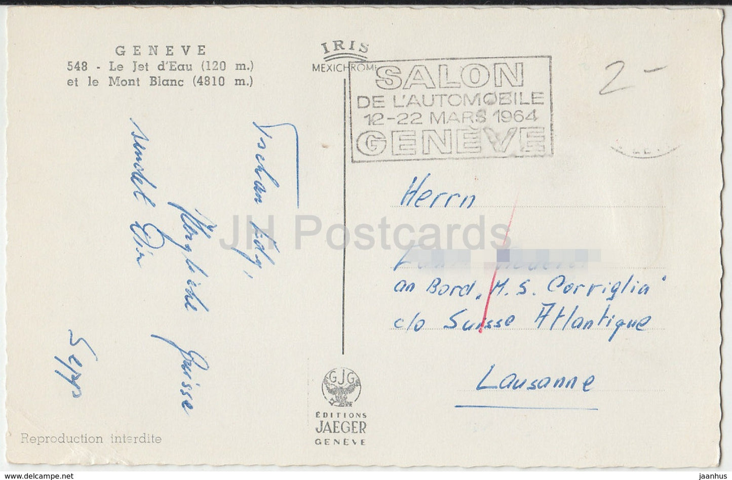 Geneve - Geneva - Le Jet d'Eau et le Mont Blanc - 548 - Switzerland - used