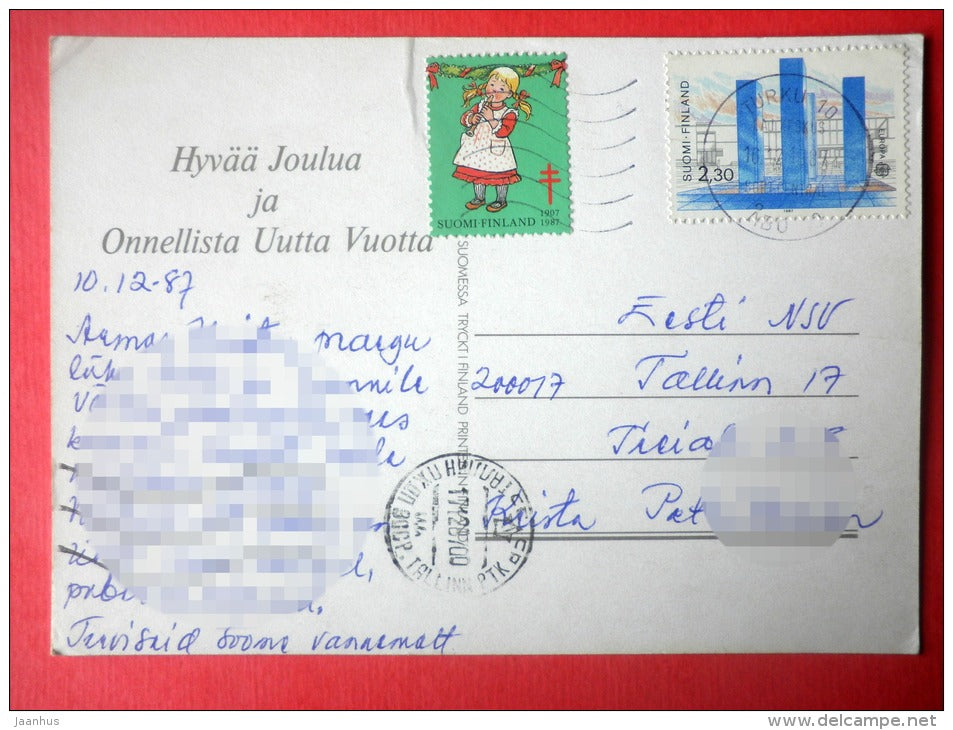 Christmas Greeting Card - mouse - squirrel - 84 - EUROPA CEPT - Finland - sent from Finland Turku to Estonia USSR 1987 - JH Postcards