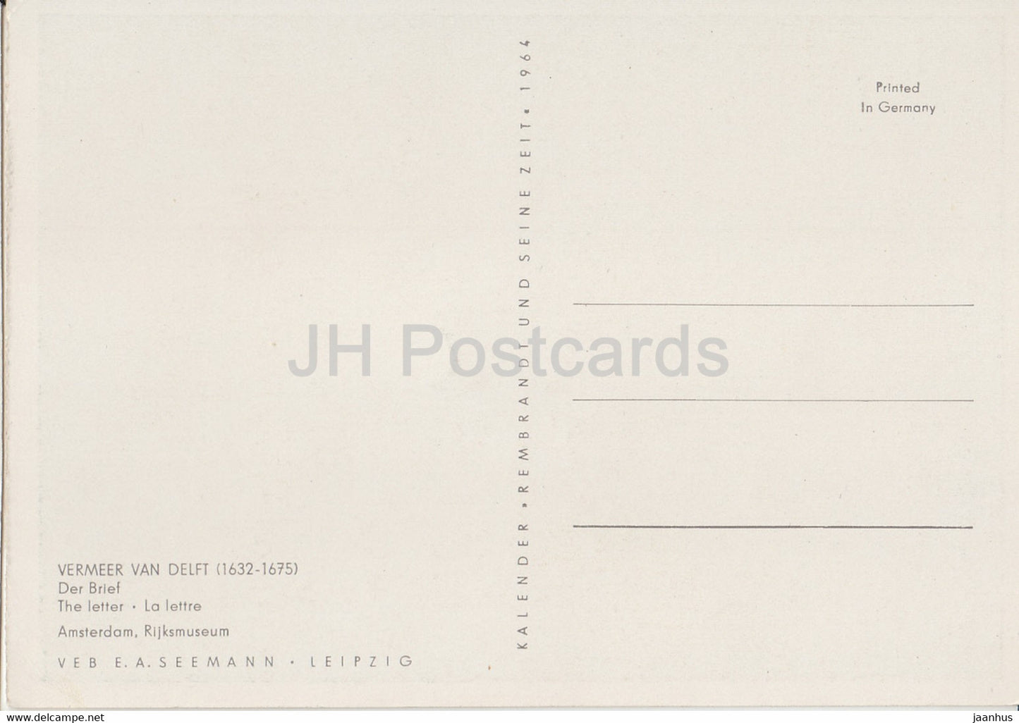 painting by Vermeer Van Delft - Der Brief - The Letter - lute - Dutch art - 1964 - Germany - unused