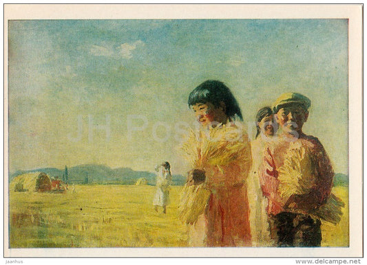 painting by E. Maleina - Children of collective farm of Kirghizia , 1939 - Kyrgyz art - 1981 - Russia USSR - unused - JH Postcards
