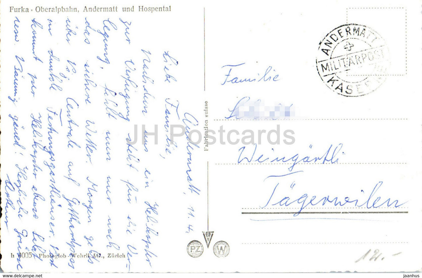 Furka - Oberalpbahn - Andermatt - und Hospental - 4005 - Feldpost - courrier militaire - Suisse - utilisé