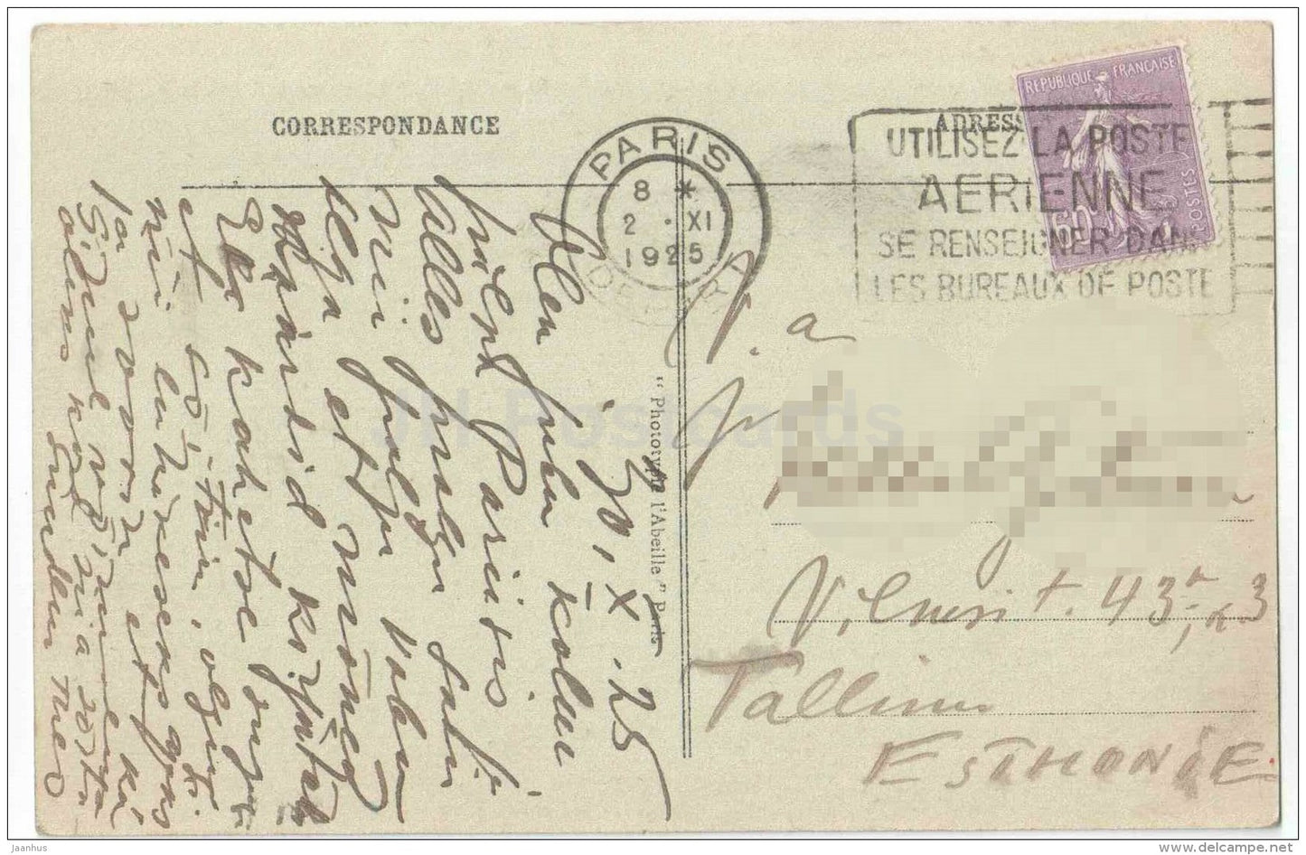 Place de la Concorde - Concord Palace - 85 - Paris - France - sent from France Paris to to Estonia Tallinn 1925 - JH Postcards