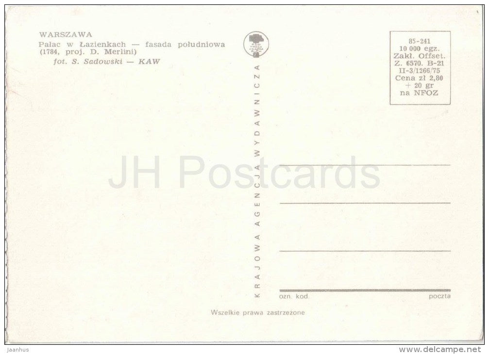 palace in Lazienki - southern facade - Warszawa - 85-241 - Poland - unused - JH Postcards