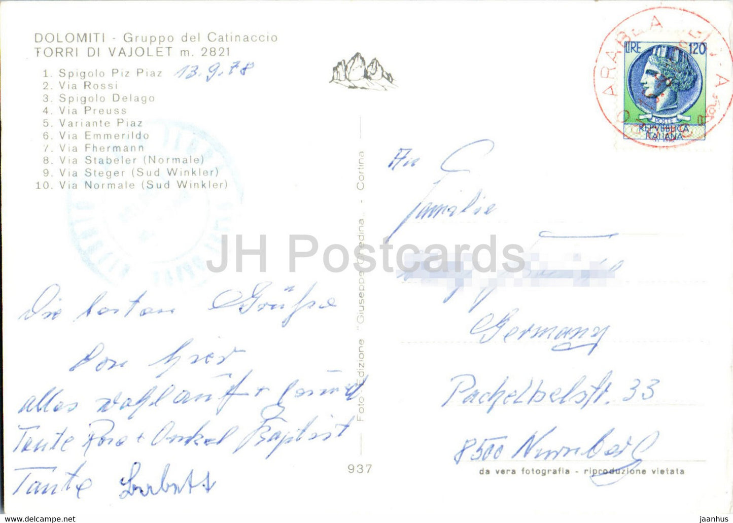 Dolomiti - Gruppo del Catinaccio - Torri di Vajolet 2821 m - Spigolo Piz Piaz - Via Rossi - 1978 - Italy - used