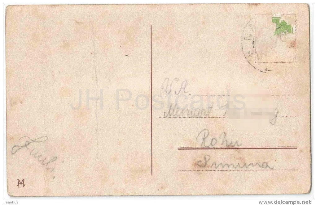 new year greeting card - boy - pig - basket - HM - circulated in Estonia 1930s - JH Postcards