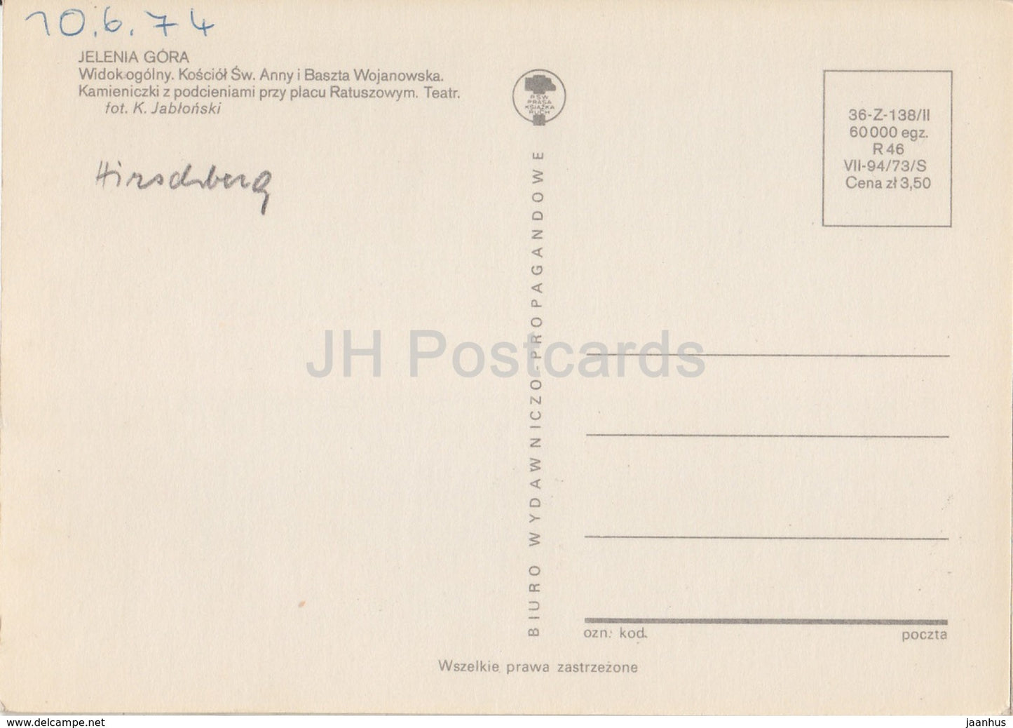 Jelenia Gora - vue générale - Tour Wojanowska - Place de la ville - théâtre - multiview - Pologne - 1974 - utilisé