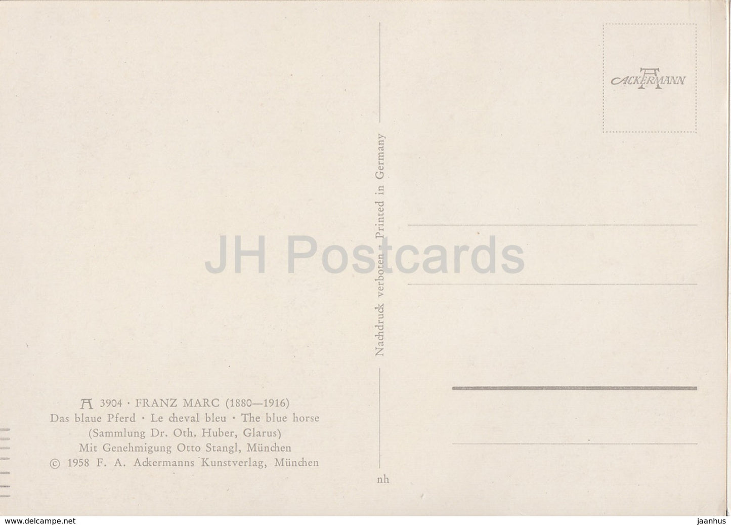 painting by Franz Marc - The Blue Horse - German art - 1958 - Germany - unused