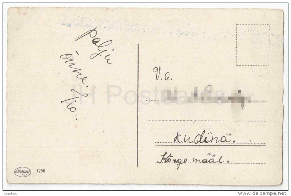 illustration - girl - doll - dog - kitchen - Amag 1798 - old postcard - circulated in Estonia - JH Postcards