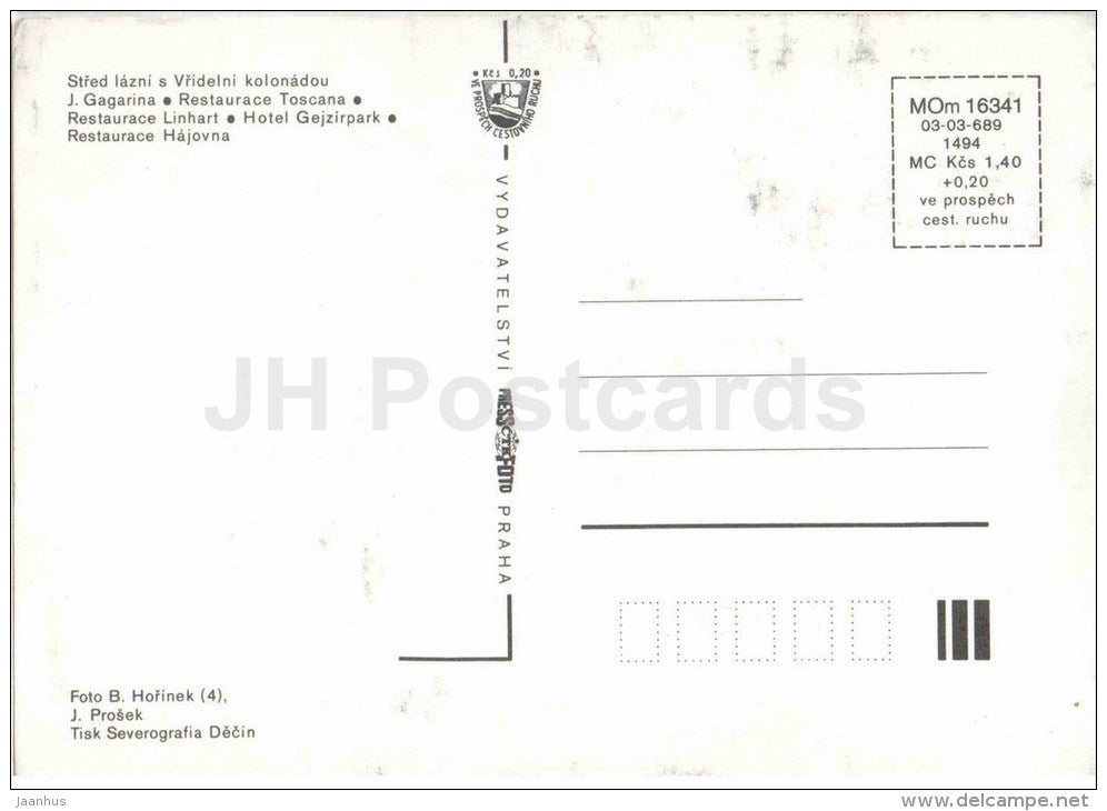 Karlovy Vary - spa - Gagarin colonnade - restaurant Linhart - hotel Gejzirpark - Czechoslovakia - Czech - unused - JH Postcards