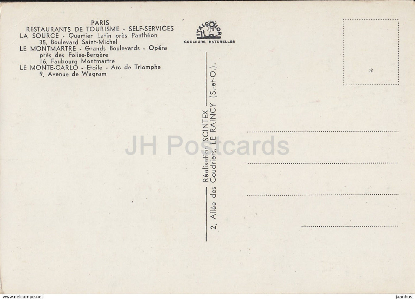 Paris - Restaurants de Tourisme - La Source - Le Montmartre - Le Monte-Carlo - France - unused