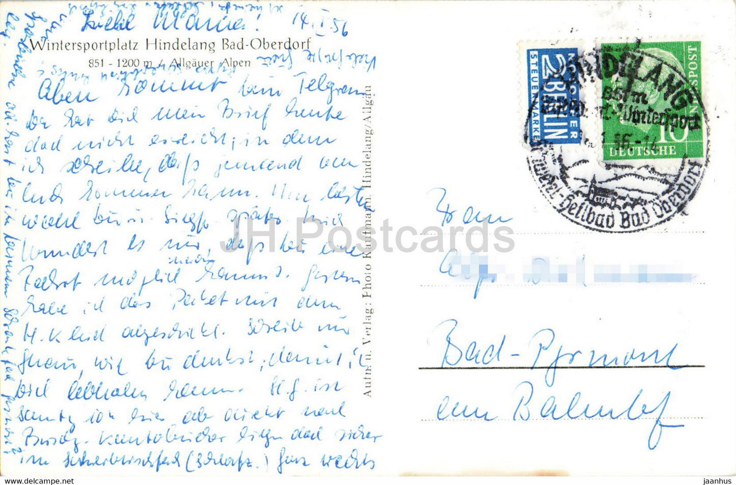 Wintersportplatz Hindelang Bad Oberdorf - carte postale ancienne - 1956 - Allemagne - utilisé