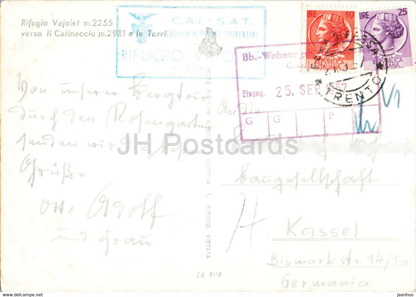 Rifugio Vajolet - verso il Catinaccio e le Torri - old postcard - 1957 - Italy - used