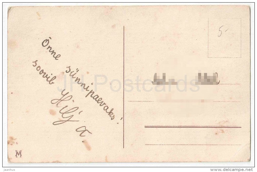 Birthday Greeting Card - Dahlia - flowers - MH - old postcard - circulated in Estonia - JH Postcards