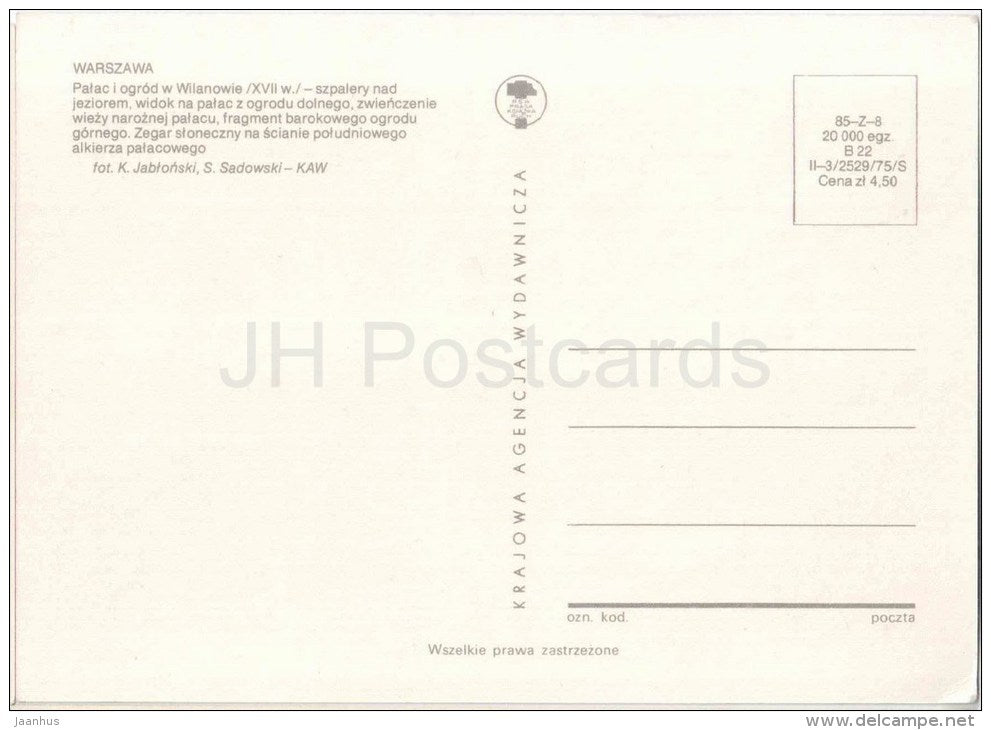 Palace in Wilanów - Warszawa - Poland - unused - JH Postcards