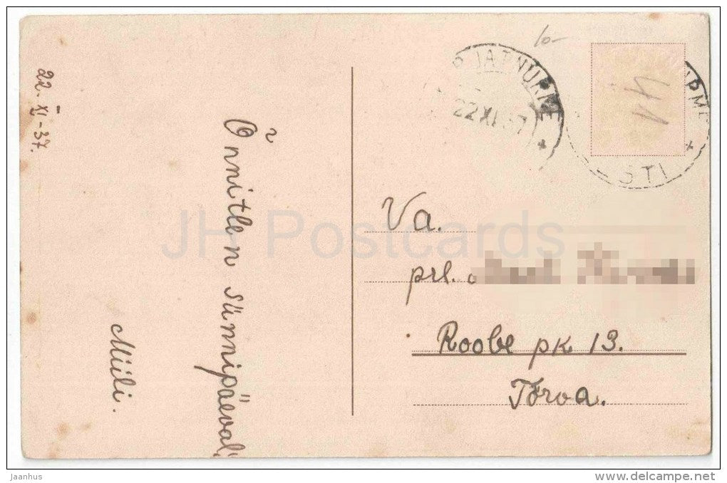 Birthday Greeting Card - White Roses - flowers - old postcard - circulated in Estonia 1937 - JH Postcards