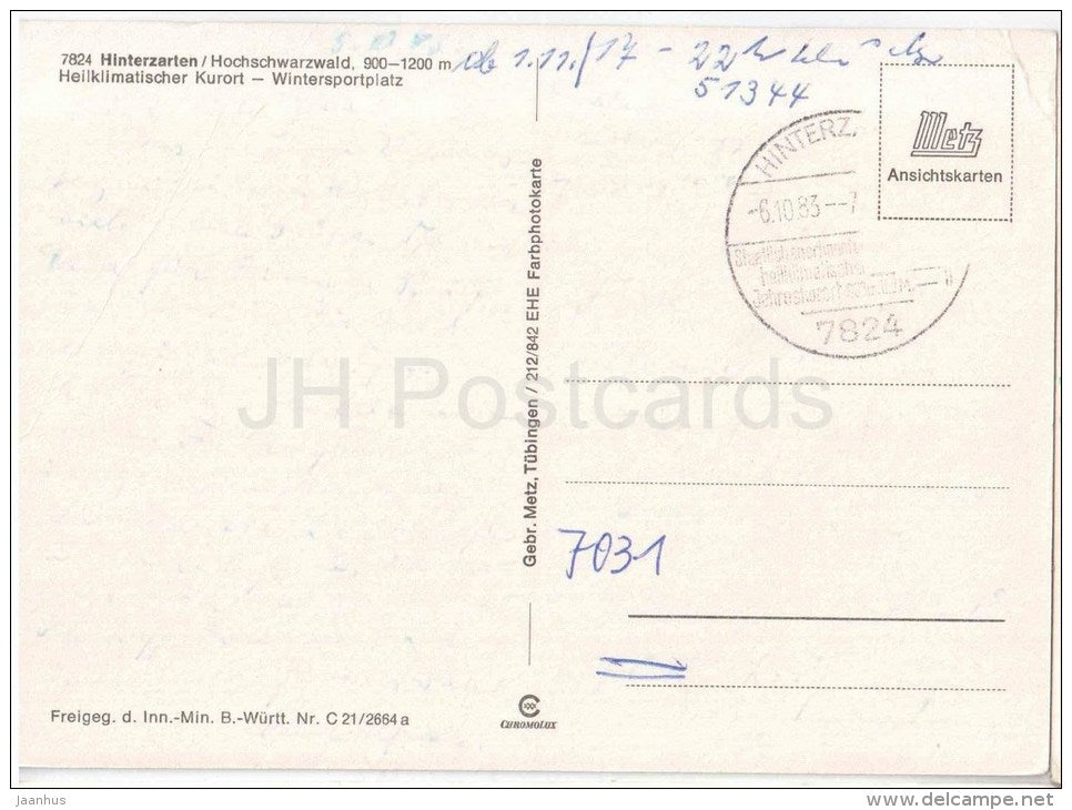 Hinterzarten , Hochschwarzwald - Heilklimatischer Kurort - Wintersportplatz - 7824 - Germany - 1983 gelaufen - JH Postcards