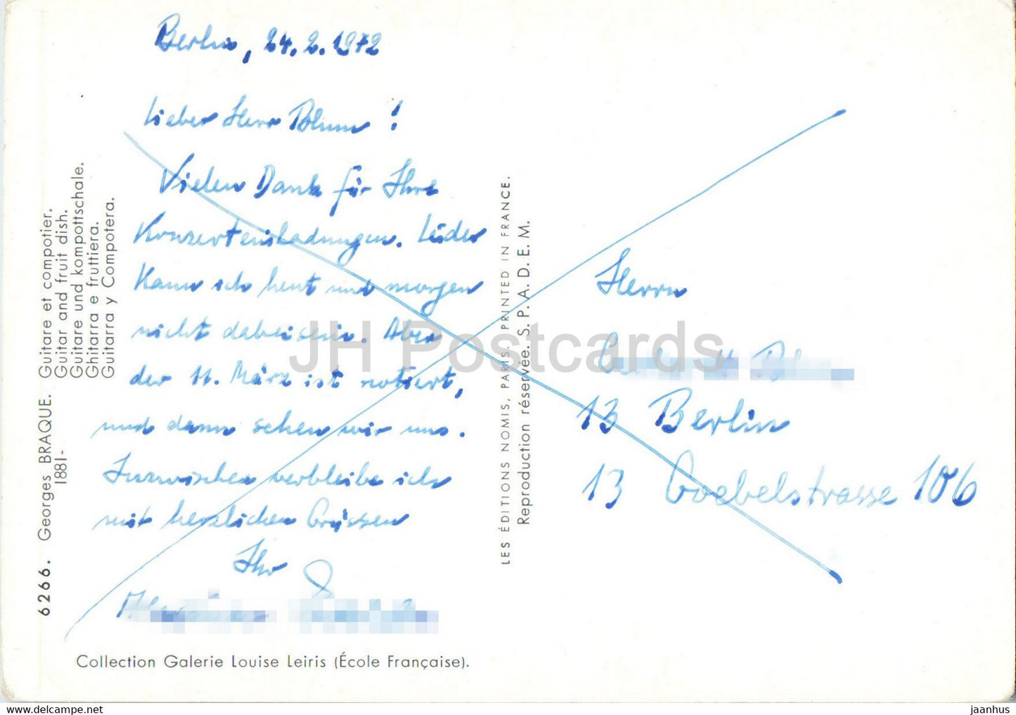 painting by Georges Braque - Guitar and Fruit Dish - French art - old postcard - 1972 - France - used