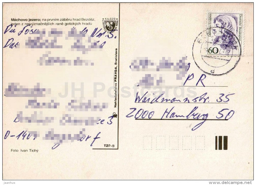 beach - passenger boat - camping area - castle - Machovo Jezero - Czechoslovakia - Czech - used 1992 - JH Postcards