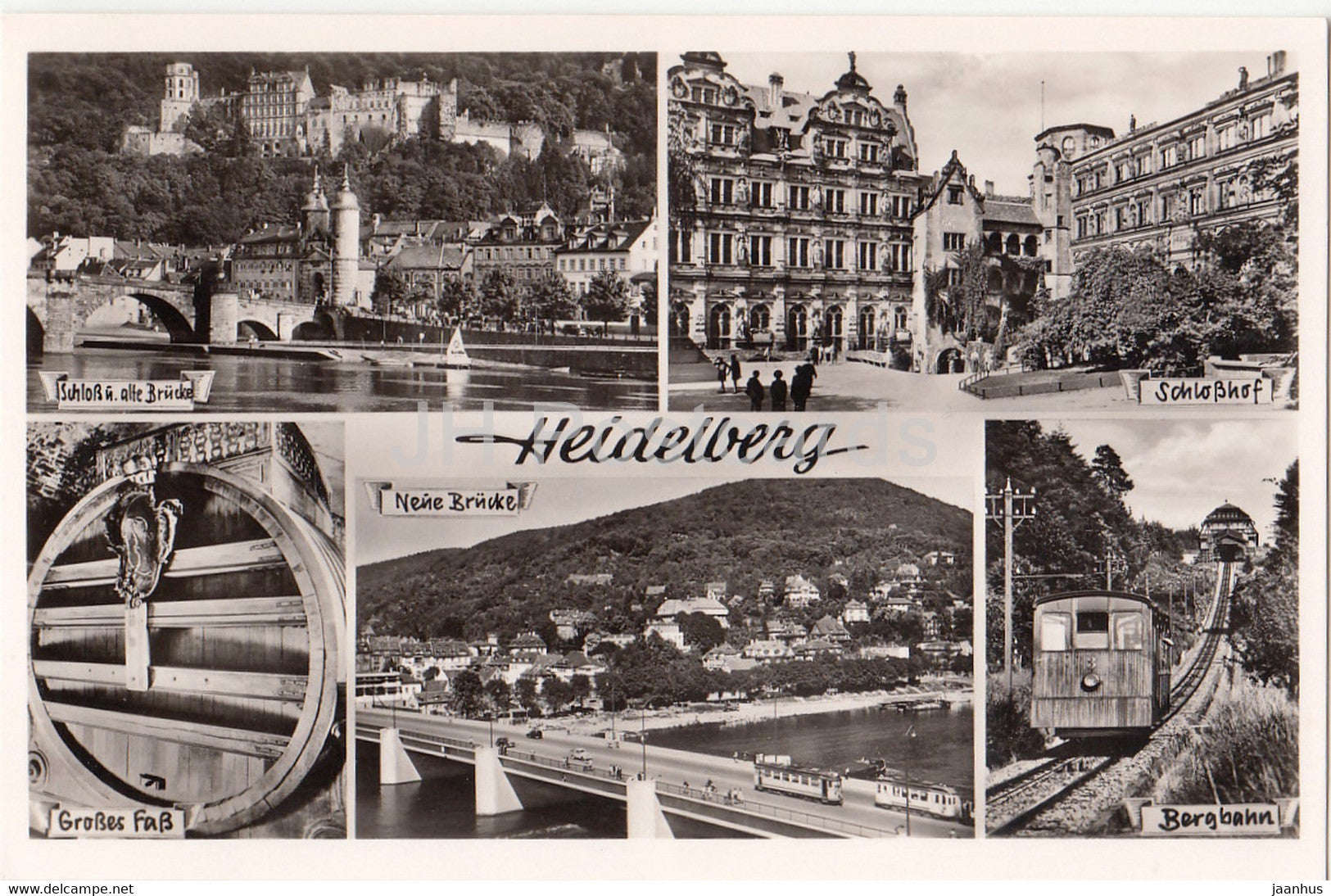Heidelberg - Schloss u Alte Brucke - Schlosshof - Bergbahn - funicular - 1954 - Germany - used - JH Postcards