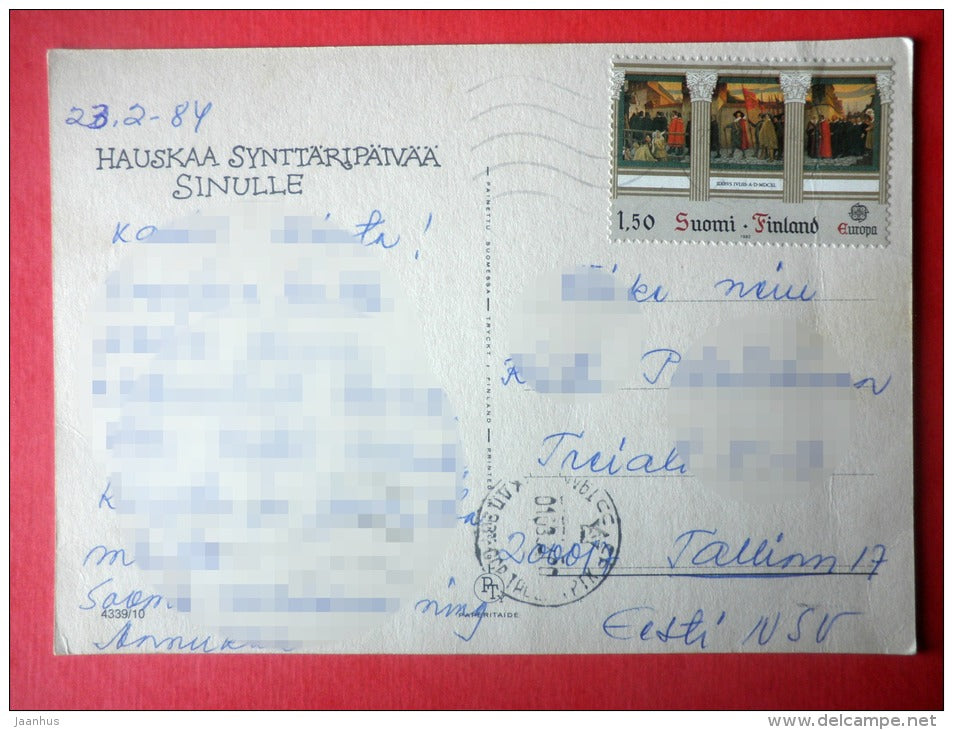 illustration - air balloon - hare - bunny - 4339/10 - Finland - sent from Finland to Estonia USSR 1984 - JH Postcards