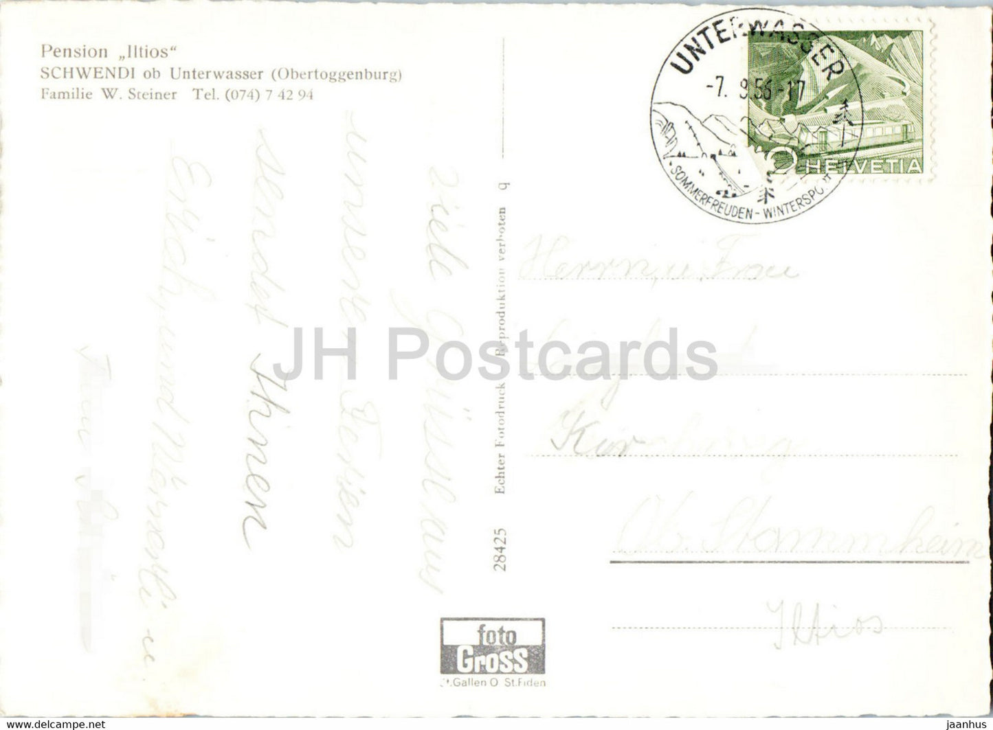 Pension Iltios - Schwendi ob Unterwasser - alte Postkarte - 1956 - Schweiz - gebraucht