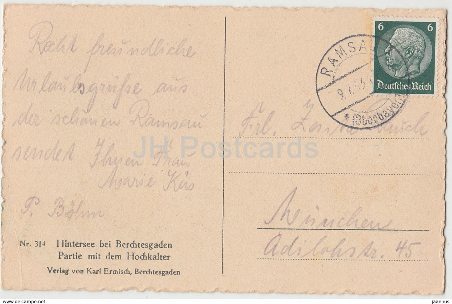 Hintersee mit Hochkalter - 314 - old postcard - 1933 - Germany - used