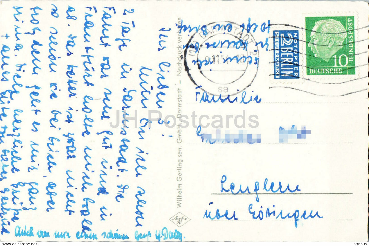 Gruss aus Darmstadt - Luisenplatz - Schloss - Russ Kapelle - Glockenturm - tram - carte postale ancienne - 1954 - Allemagne - utilisé